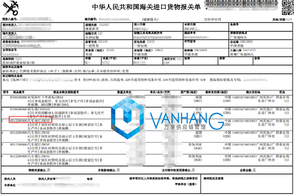 進(jìn)口車燈汽車配件報關(guān)