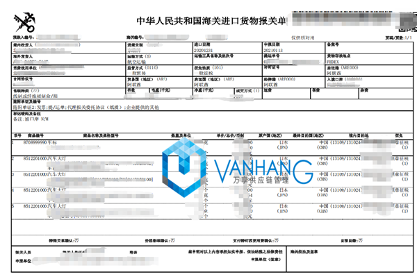 進(jìn)口車燈汽車配件報關(guān)