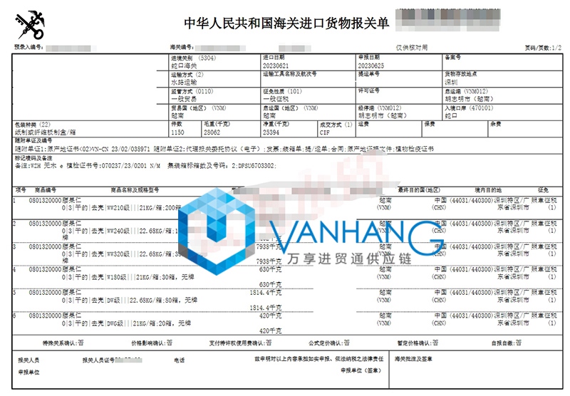 深圳進(jìn)口越南腰果仁報關(guān)資料